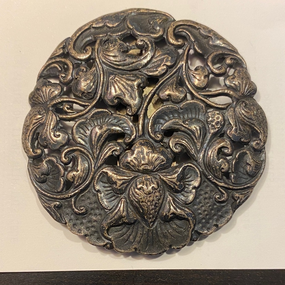Antique 800 Silver Repousse Round Flower Scarf & Dress Clip